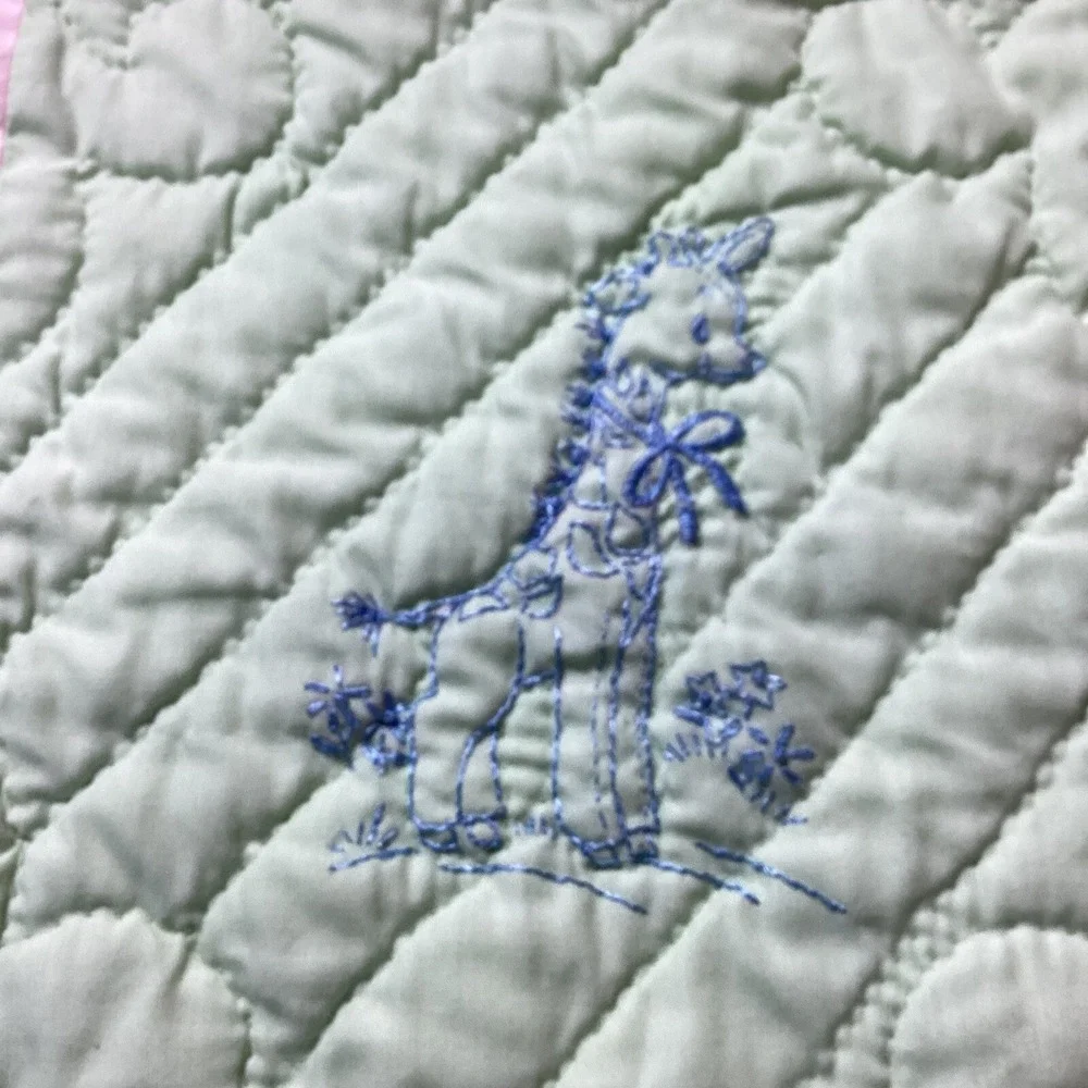Crib Blanket Hand-Stitched Embroidered Baby Animals Pink&Green Nursery 54